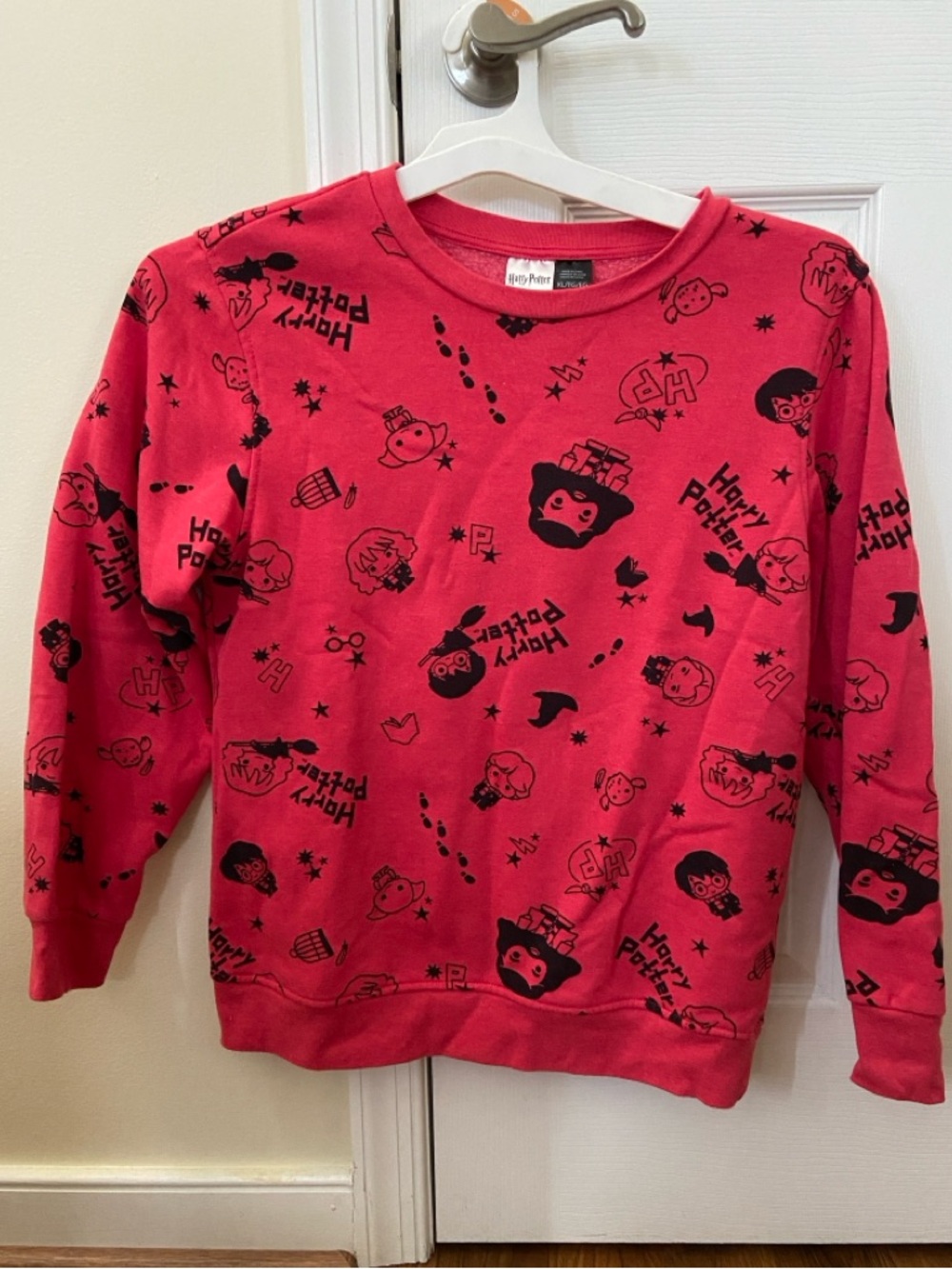 Harry Potter kids red sweatshirt with Hermione, Ron, Hagrid, Dobby, Hedwig logos